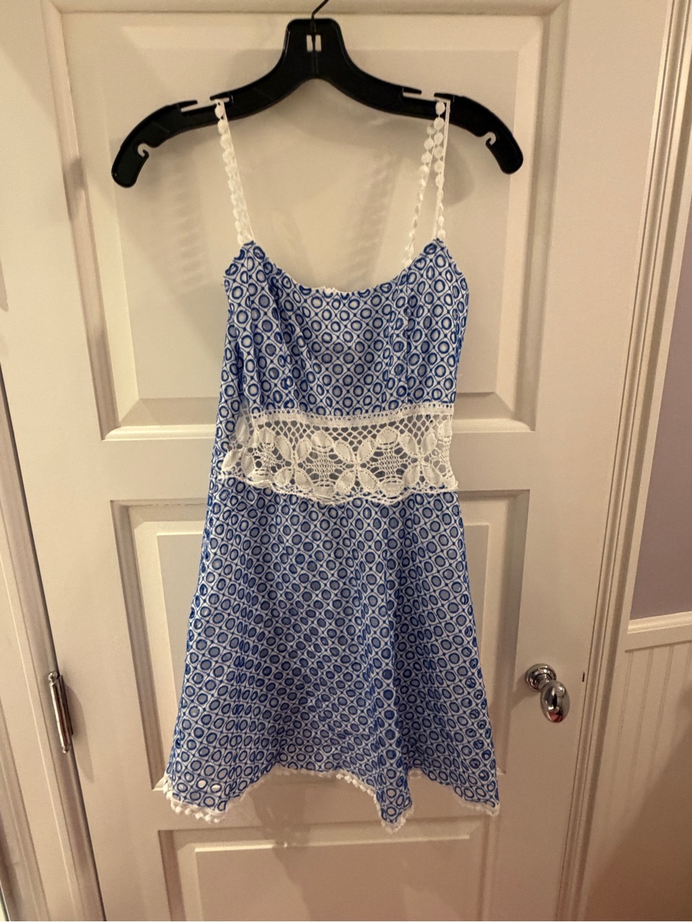 Blue Printed Lace-Trim Mini Dress with Braided Straps